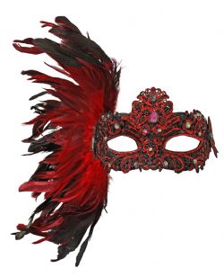 MASQUERADE MASK -  LACE MASK WITH GEMS AND FEATHERS - RED AND BLACK