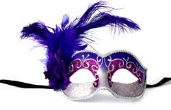 MASQUERADE MASK -  MARIA LACE EYE MASK WITH FEATHERS AND FLOWER - PURPLE AND SILVER