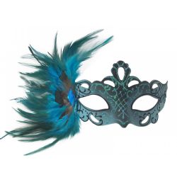 MASQUERADE MASK -  MASK WITH SIDE PEACOCK FEATHER  - BLUE