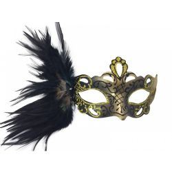 MASQUERADE MASK -  MASK WITH SIDE PEACOCK FEATHER  - GOLD