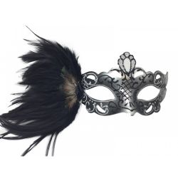 MASQUERADE MASK -  MASK WITH SIDE PEACOCK FEATHER  - SILVER