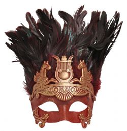 MASQUERADE MASK -  MENS PEGASUS MASK GOLDEN AND RED WITH FEATHERS