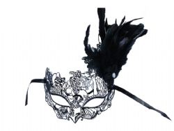 MASQUERADE MASK -  METAL LACE LOOK MASK WITH FEATHERS - BLACK