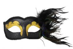 MASQUERADE MASK -  RAVEN EYE MASK WITH PEACOCK FEATHER - GOLD ON BLACK