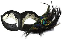 MASQUERADE MASK -  RAVEN EYE MASK WITH PEACOCK FEATHER - WHITE ON BLACK