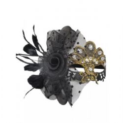 MASQUERADE MASK -  VENETIAN LACE MASK WITH GEMS, FEATHERS & FLOWER - BLACK/GOLD