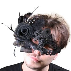 MASQUERADE MASK -  VENETIAN LACE MASK WITH GEMS, FEATHERS & FLOWER - BLACK