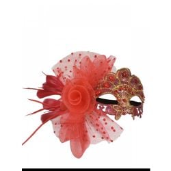 MASQUERADE MASK -  VENETIAN LACE MASK WITH GEMS, FEATHERS & FLOWER - RED/GOLD