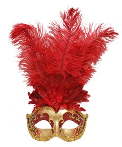MASQUERADE MASK -  VENETIAN MASK WITH FEATHERS - RED/GOLD