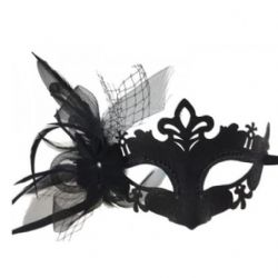 MASQUERADE MASK -  VENITIAN MASK WITH FEATHERS AND TULLE - BLACK