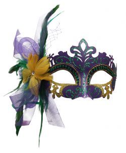 MASQUERADE MASK -  VENITIAN MASK WITH FEATHERS AND TULLE - PURPLE/GREEN