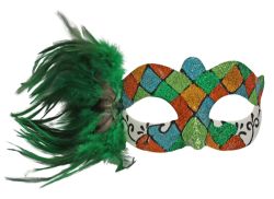 MASQUERADE MASK -  VENITIAN MASK WITH SPARKLING DIAMONDS AND FEATHERS - GREEN/TEAL/ORANGE