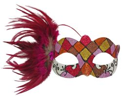 MASQUERADE MASK -  VENITIAN MASK WITH SPARKLING DIAMONDS AND FEATHERS - PINK/ORANGE/GOLD/BROWN