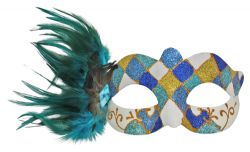 MASQUERADE MASK -  VENITIAN MASK WITH SPARKLING DIAMONDS AND FEATHERS - TEAL/BLUE/GOLD/WHITE