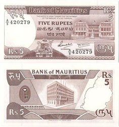 MAURITIUS -  5 RUPEES 1985 (UNC) 34