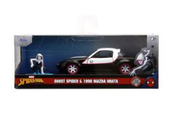 MAZDA -  1990 MAZDA MIATA 1/32 WITH GHOST SPIDER FIGURE - BLACK AND WHITE WITH GRAPHICS -  MARVEL SPIDER-MAN