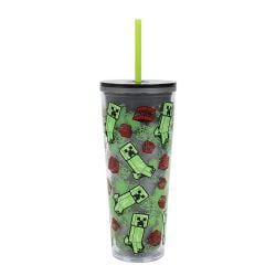 MINECRAFT -  CREEPER & TNT, CLEAR, WITH STRAW (26 OZ) -  PLASTIC TUMBLER