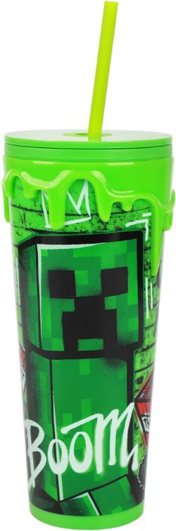 MINECRAFT -  CREEPER & TNT, GREEN, WITH STRAW AND FAKE SPILLOVER (26 OZ) -  PLASTIC TUMBLER