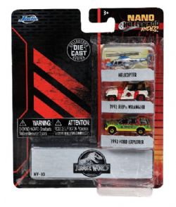 NANO HOLLYWOOD RIDES -  JURASSIC WORLD 3-PACK HELICOPTER, 1992 JEEP WRANGLER, 1992 FORD EXPLORER 1/64 -  FAST AND FURIOUS