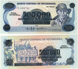 NICARAGUA -  500 000 CORDOBAS ON 20 CORDOBAS 1990 (UNC) 163