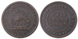 NOVA SCOTIA -  1813 TRADE & NAVIGATION / PURE COPPER PREFERABLE TO PAPER, LARGE WAVES AND SMOOTH EDGE, LARGE FLAG & TWO UPPER LEAVES -  1813 NOVA SCOTIA TOKENS