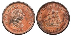NOVA SCOTIA -  1815 PAYABLE BY JOHN ALEXR. BARRY HALIFAX - 1815 HALFPENNY TOKEN, SMALL BUST, COIN ORIENTATION -  1815 NOVA SCOTIA TOKENS