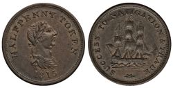 NOVA SCOTIA -  1815 SUCCESS TO NAVIGATION & TRADE HALF-PENNY, SMALL FLAG & ONE UPPER LEAF -  1815 NOVA SCOTIA TOKENS