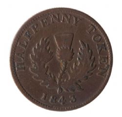 NOVA SCOTIA -  1843 SEMI-REGAL HALF PENNY TOKEN / PROVINCE OF NOVA SCOTIA, NINE THORNS -  1843 NOVA SCOTIA TOKENS