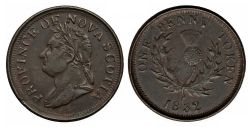 NOVA SCOTIA -  COUNTERFEIT ONE PENNY TOKEN 1832 - PROVINCE OF NOVA-SCOTIA, RIGHT SERIF, ENGRAILED -  1832 NOVA SCOTIA TOKENS