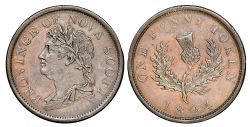 NOVA SCOTIA -  ONE PENNY TOKEN 1824 - PROVINCE OF NOVA-SCOTIA, UPPER LEAF TOUCHING F -  1824 NOVA SCOTIA TOKENS