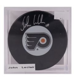 PHILADELPHIA FLYERS -  JOHN LECLAIR AUTOGRAPHED HOCKEY PUCK - (LOGO)