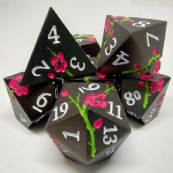 PLUM BLOSSOM DICE KIT -  BLACK WITH PINK FLOWERS IN A METAL BOX (7)