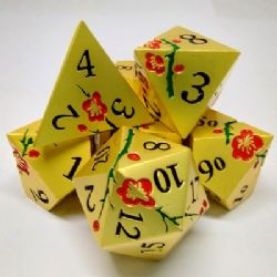 PLUM BLOSSOM DICE KIT -  GOLD WITH RED FLOWERS IN A METAL BOX (7)