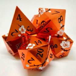 PLUM BLOSSOM DICE KIT -  ORANGE WITH WHITE FLOWERS IN A METAL BOX (7)