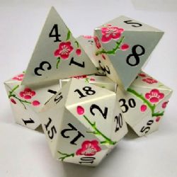 PLUM BLOSSOM DICE KIT -  SILVER WITH PINK FLOWERS IN A METAL BOX (7)