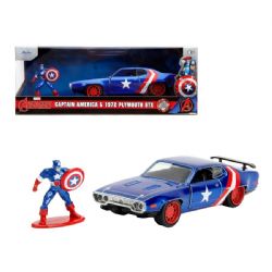 PLYMOUTH -  1972 PLYMOUTH GTX 1/32 WITH CAPTAIN AMERICA FIGURE - CANDY BLUE WITH RED AND WHITE STRIPES -  MARVEL AVENGERS