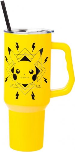 POKEMON -  PIKACHU FACE WITH LIGHTNING BOLTS BADGE, YELLOW, WITH HANDLE (40 OZ) -  STAINLESS STEEL TUMBLER