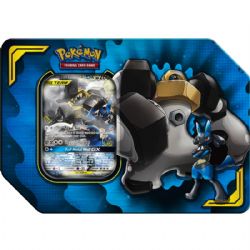 POKEMON -  POWER PARTNERSHIP - TAG TEAM LUCARIO & MELMETAL GX TIN (4 PACKS + ACCESORIES) -  SUN & MOON