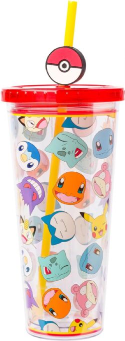 POKEMON -  RED AND CLEAR FACES CUP WITH STRAW AND POKEBALL TOPPER (24 OZ) -  COLD CUP