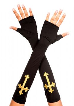 PRIESTS AND NUNS -  GOLD CROSS ELBOW LENGHT FINGERLESS GLOVES (WOMEN - ONE-SIZE)