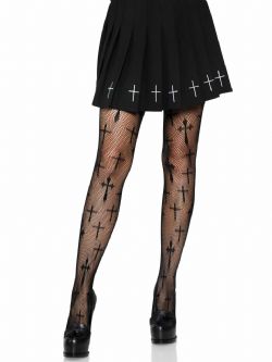 PRIESTS AND NUNS -  WORSHIP ME CROSS NET TIGHTS - BLACK
 (ADULT - PLUS SIZE)
