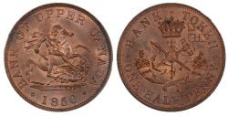 PROVINCE OF CANADA -  1850 BANK OF UPPER CANADA / BANK TOKEN ONE HALF-PENNY,SMOOTH EDGE (AG) -  JETONS DE PROVINCE DU CANADA 1850