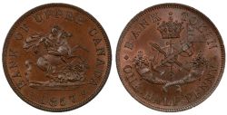 PROVINCE OF CANADA -  1857 BANK OF UPPER CANADA / BANK TOKEN ONE HALF-PENNY,SMOOTH EDGE -  1857 PROVINCE OF CANADA TOKENS