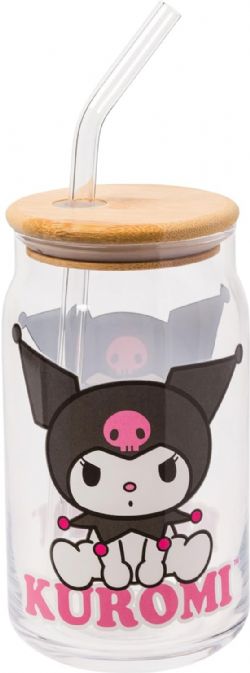 SANRIO -  KUROMI SITTING GLASS TUMBLER  STRAW WITH BAMBOO LID (16OZ)