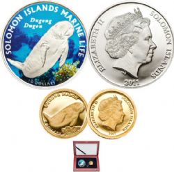 SET OF 2 SILVER AND GOLD SOLOMON ISLANDS DUGONG DUGON COINS -  2011 SOLOMON ISLANDS COINS