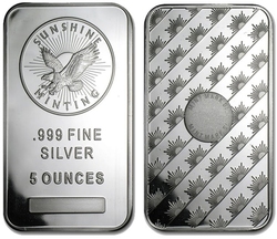SILVER BARS -  5 OUNCES FINE SILVER BAR - WITHOUT SERIAL NUMBER