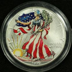 SILVER EAGLES -  ONE OUNCE FINE SILVER COIN - 2-SIDED COLORED VERSION -  1999 UNITED STATES COINS