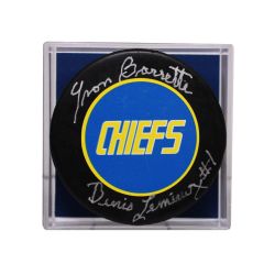 SLAP SHOT -  CHIEFS - YVON BARETTE AUTOGRAPHED HOCKEY PUCK -(LOGO)