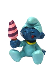 SMURFS -  BABY SMURF WITH ICE CREAM - YELLOW COLLAR VARIETY - SLIGHT WEAR -  SCHTROUPFS 1985 20206