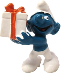 SMURFS -  SMURF WITH PRESENT - ORANGE RIBBON VARIETY -  SCHTROUMPFS 1975 20086